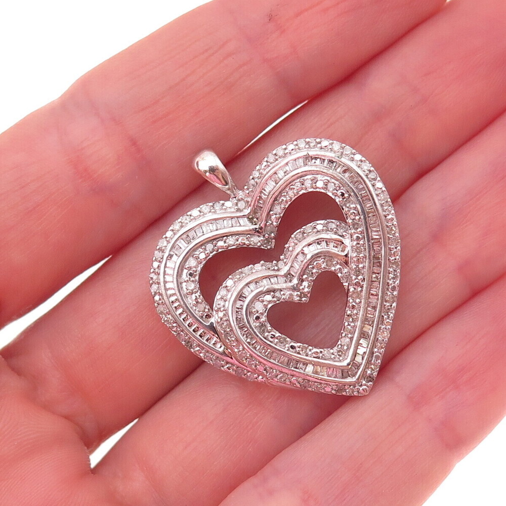 Sun 925 Sterling Silver Real Round & Tapered Baguette-Cut Diamond Heart Pendant